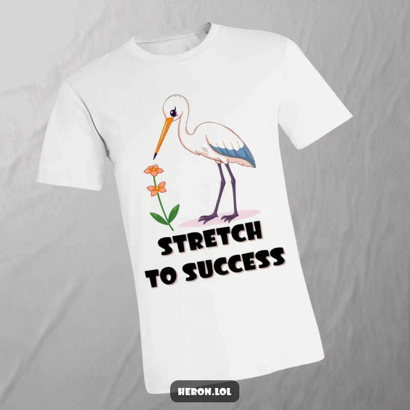 Funny Kawaii Heron T-Shirt: Adorable bird with long neck reaching for a flower, a humorous and elegant statement tee.
