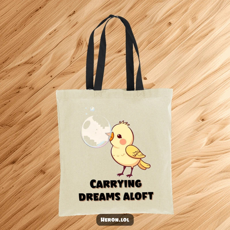 Funny tote bag depicting a happy bird focused on blowing a large, translucent bubble from its beak, a symbol of childlike wonder.