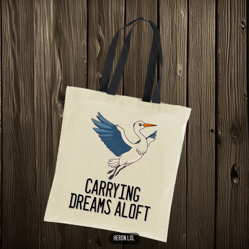 Funny Kawaii Heron Tote Bag: Cute heron bird gracefully taking flight, wings elegantly spread, a humorous and chic accessory.
