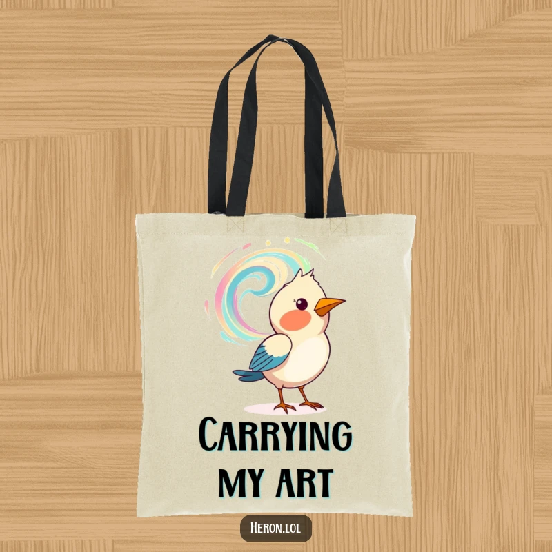 Funny tote bag featuring a bird artistically painting a swirling pattern in the air, perfect for carrying art supplies.