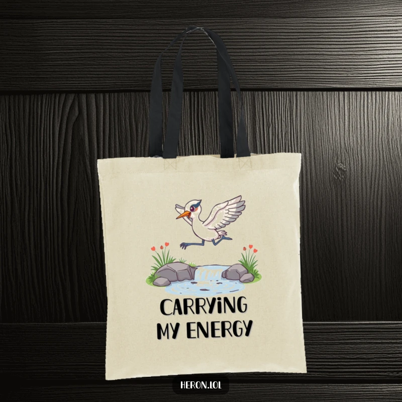 Funny Tote Bag illustrating an energetic heron leaping over a sparkling stream, embodying dynamism and playful adventure.