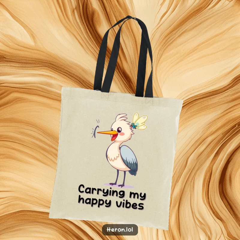 Funny heron tote bag, reusable shopping bag, happy bird cawing at dragonfly, joyful cartoon design, gift for nature lovers.