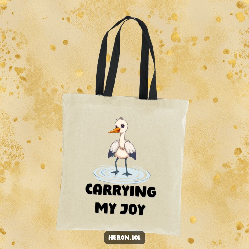Funny Tote Bag illustrating a heron wading playfully through shallow water, giggling, perfect for carrying items with a message of cheerful fun.