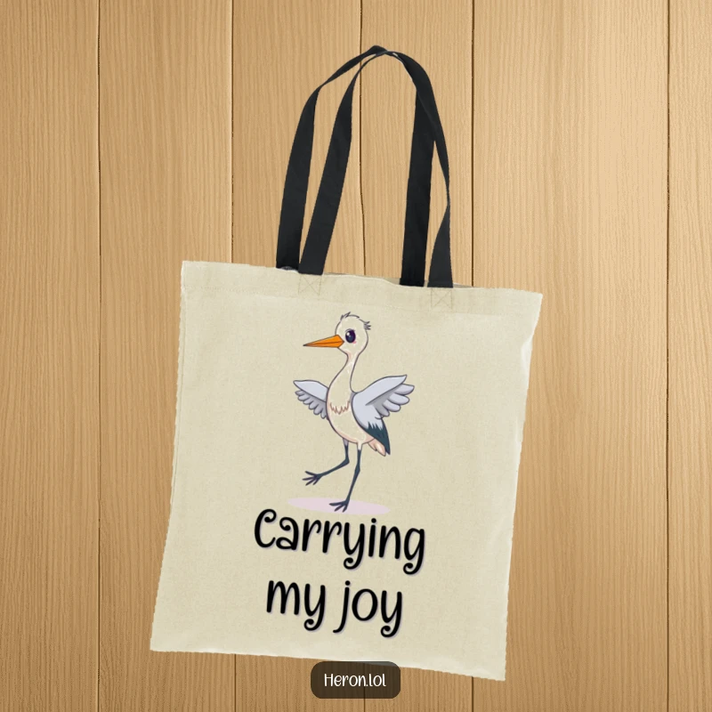 Funny tote bag illustrating a heron gleefully performing a silly tiptoe dance with its long legs, a picture of pure, uninhibited joy.