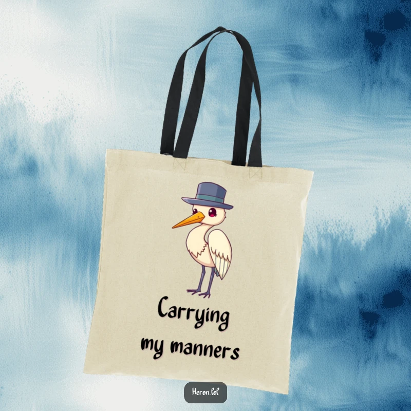 Funny tote bag with a heron bird wearing a tiny hat and tipping it politely, showcasing refined humor.