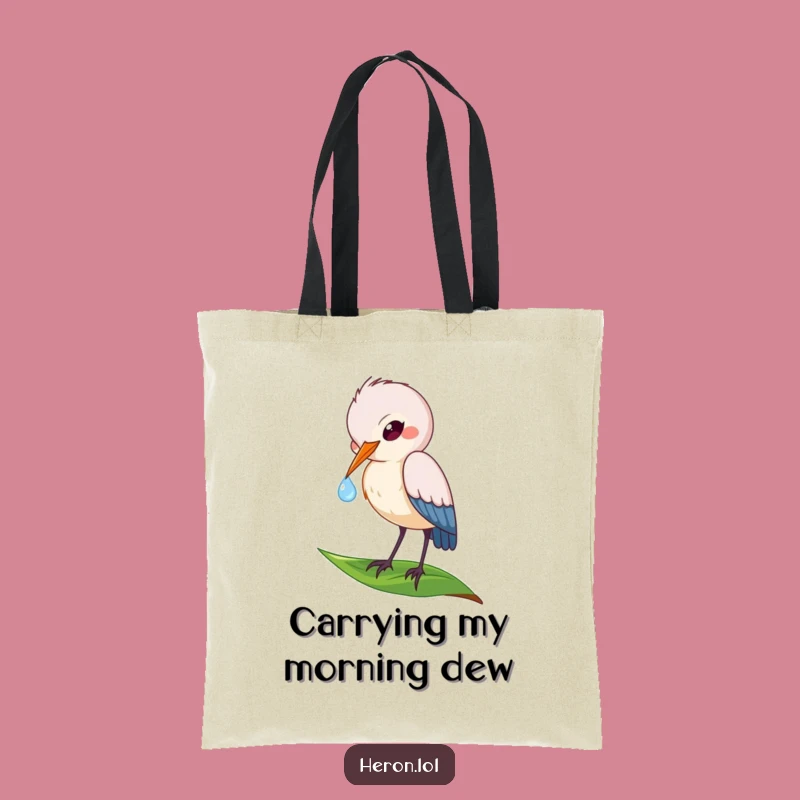 Funny Heron Tote Bag: Dewdrop Sip - Carry Nature's Charm & Funny Gift