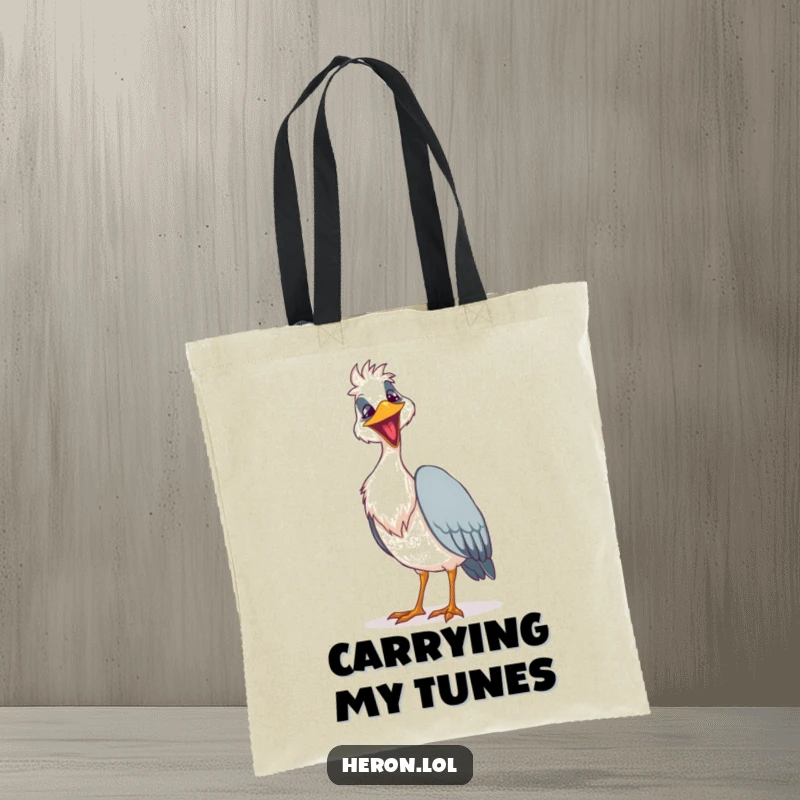 Funny goofy heron tote bag showing a bird with a grin attempting to sing a loud song, a humorous and practical accessory.