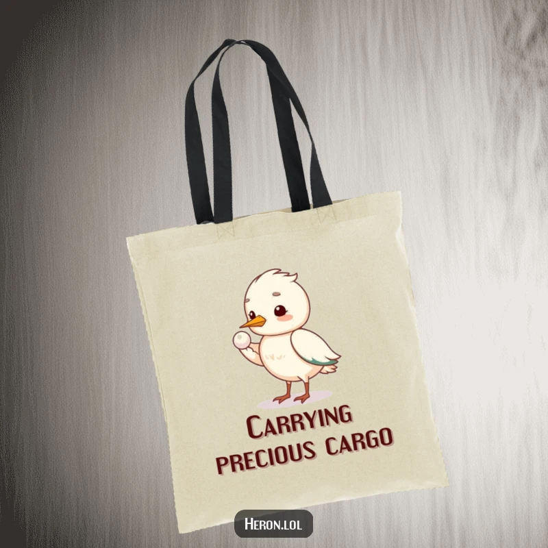 Funny shy heron tote bag depicting a bird offering a pearl with its wing, a humorous and elegant accessory.