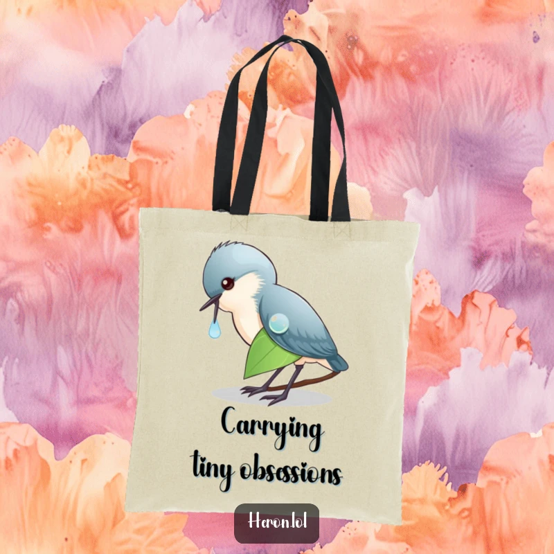 Funny Tote Bag with a heron targeting a dewdrop on a leaf, perfect for carrying groceries and smiles.