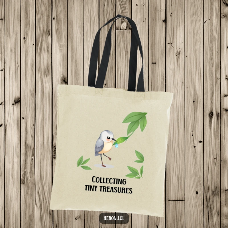 Funny Heron Tote Bag: A graceful heron focused on a dewdrop, designed for carrying your items with natural elegance.