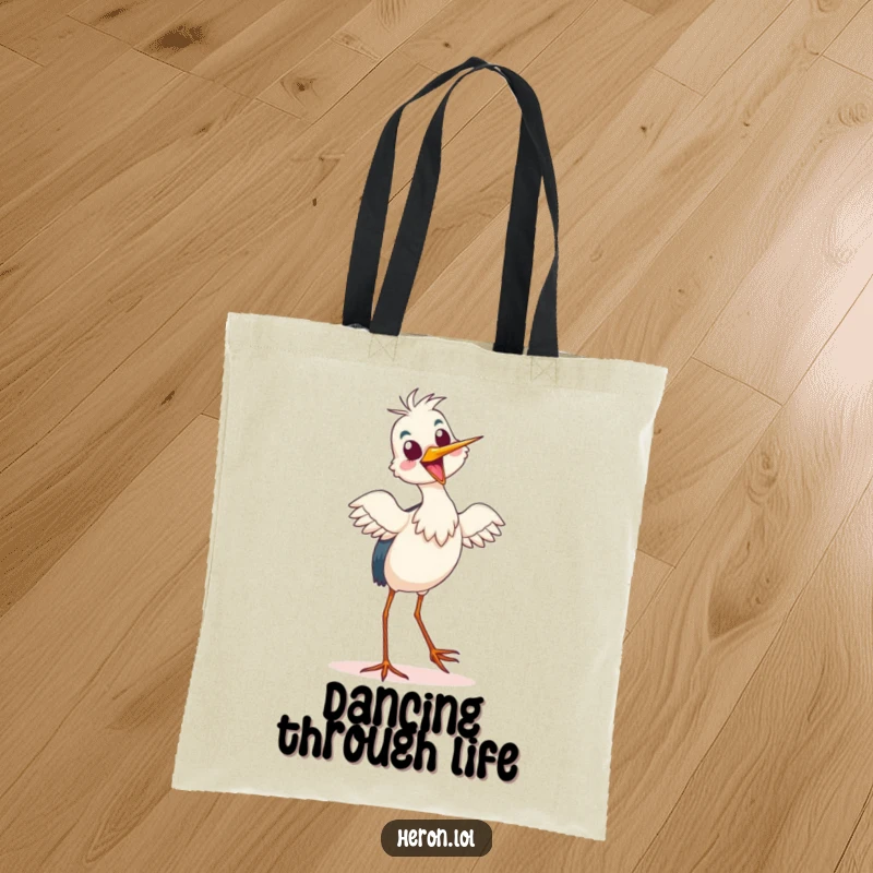 Funny Tote Bag with a delighted heron performing a silly tiptoe dance, perfect for carrying items with a smile.