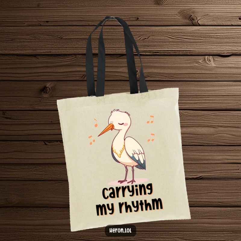 Funny tote bag with a cute heron character bobbing its head rhythmically, perfect for carrying essentials with a dose of natural charm.