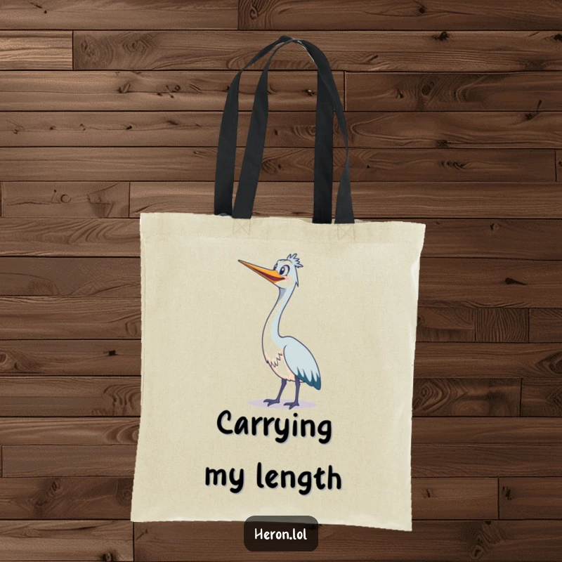Funny cute heron stretching its long neck upwards with a wide grin on a humorous bird tote bag.
