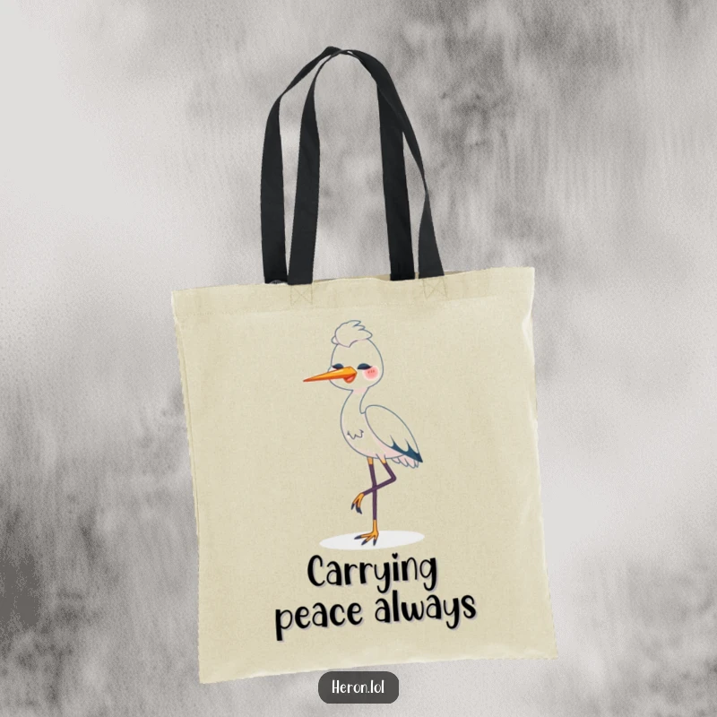 Funny Happy Heron Tote Bag: Cute heron bird standing peacefully on one leg, embodying humor and serene contentment.