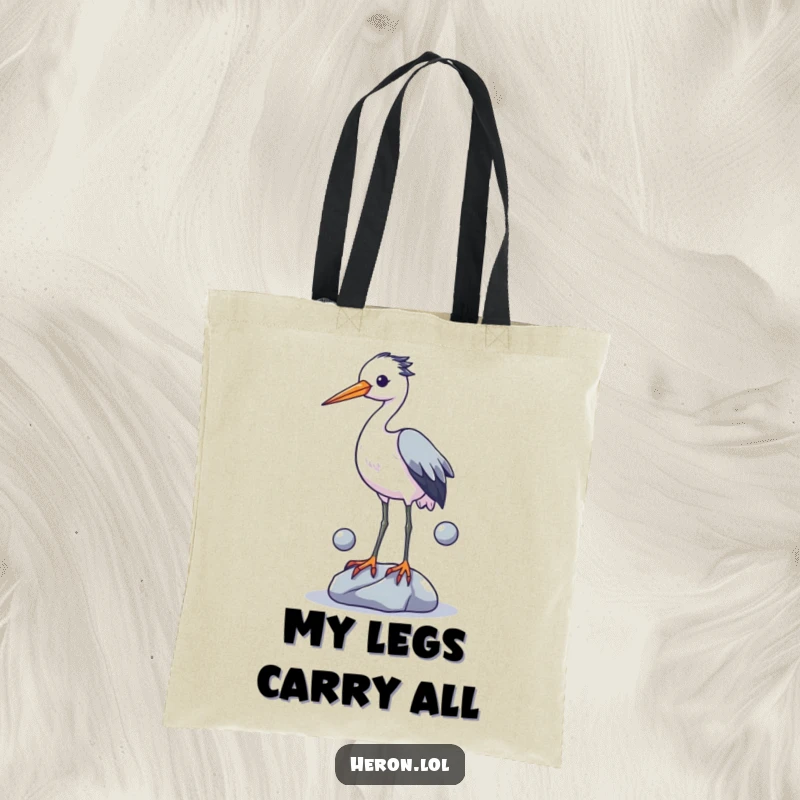 Funny tote bag illustrating a heron awkwardly attempting to juggle three small, shiny stones with its legs, showing pure, unadulterated effort.