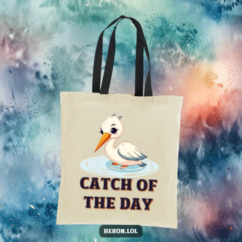 Funny tote bag featuring a smiling heron fishing gracefully, beak in shimmering water, ideal for carrying items with a touch of calm humor.