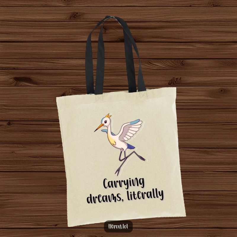 Funny Tote Bag illustrating a slim, long-legged heron gracefully leaping into the air, adding a touch of whimsical humor to everyday carry.