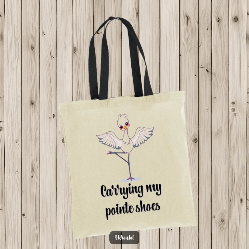 Funny Tote Bag featuring a kawaii heron gracefully balancing in a ballet pose on one leg, perfect for carrying items with whimsical flair.