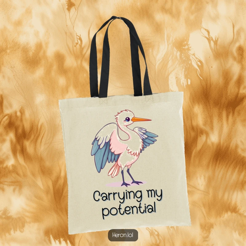 Funny Kawaii Heron Tote Bag: Durable bag with a bird in elegant wing unfurling motion, perfect for humorous and stylish carrying.
