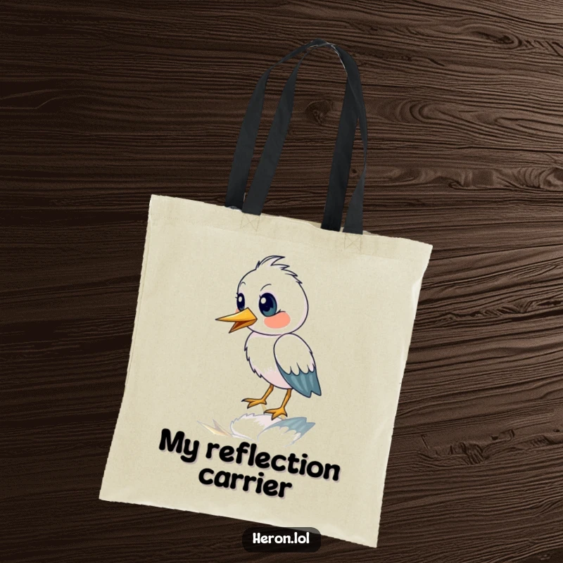 Funny tote bag featuring a cute heron bird with an astonished expression staring at its reflection, ideal for daily use.