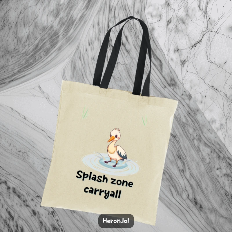 Funny heron tote bag showing a bird playfully splashing in a shimmering pond, a humorous and practical accessory.